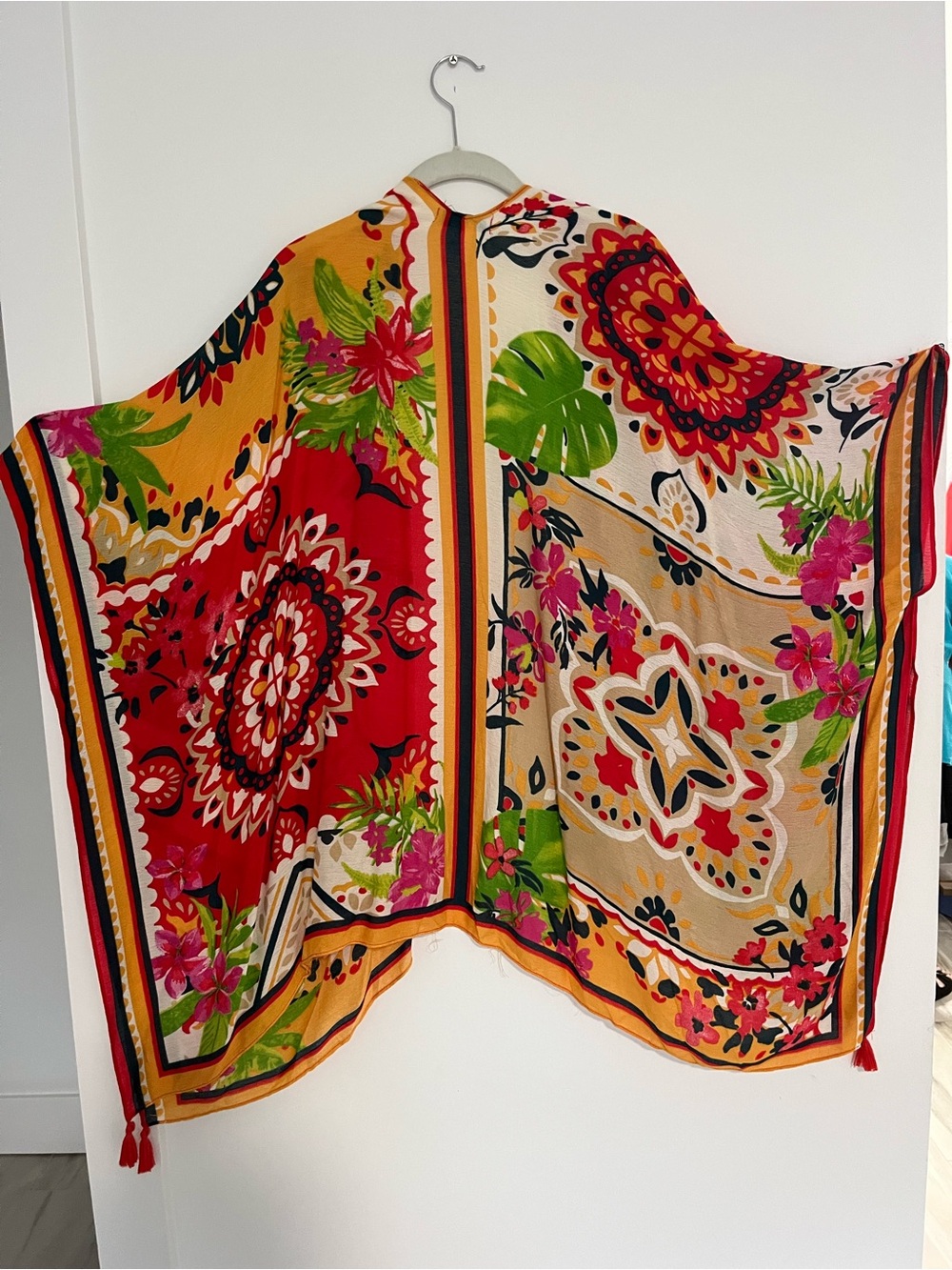 Nine West Vibrant Floral Medallion Shawl in Red, Gold & Green